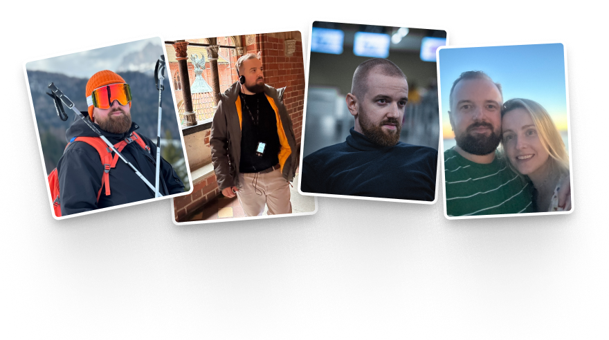 Kolaż prywatnych zdjęć: sporty zimowe, podróż, portret i wspólne zdjęcie.